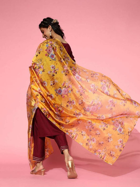 Maroon Gotta Patti Detail Kurta with Pants and Floral Printed Dupatta - Inddus.com