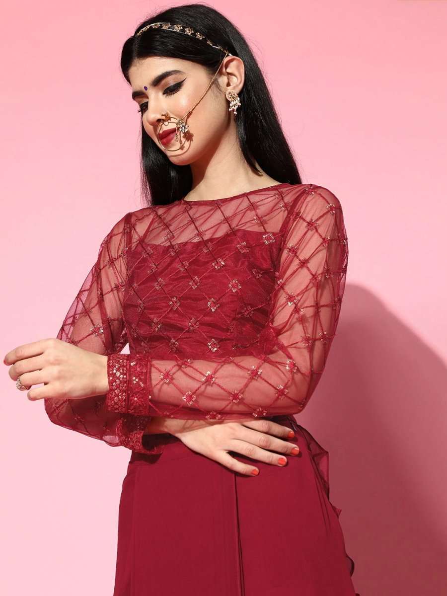 Maroon Lehenga Saree with Ruffle Pattern - Inddus.com
