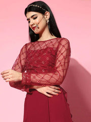 Maroon Lehenga Saree with Ruffle Pattern - Inddus.com