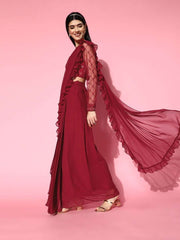 Maroon Lehenga Saree with Ruffle Pattern - Inddus.com