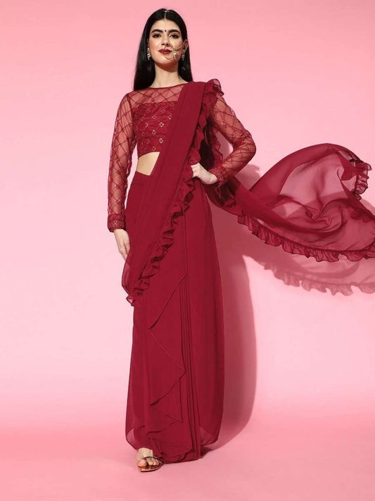 Maroon Lehenga Saree with Ruffle Pattern - Inddus.com