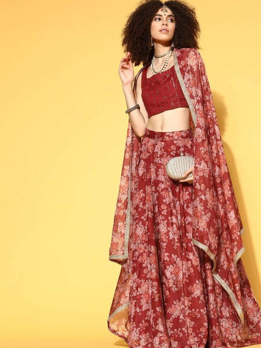 Maroon Lehenga with Blouse and Dupatta - Inddus.com