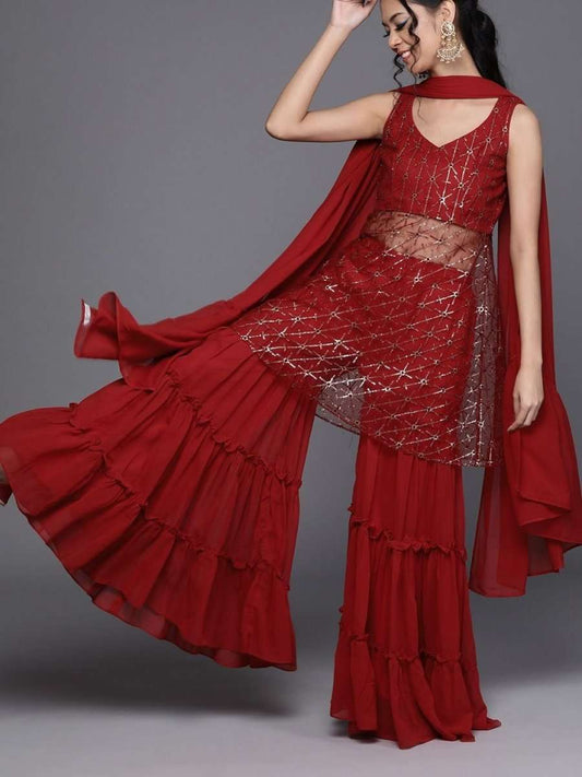 Maroon Net Embroidered Sharara Suit - Inddus.com