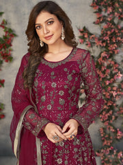 Maroon Net Festive Wear Anarkali Suit - Inddus.com