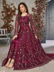 Maroon Net Festive Wear Anarkali Suit - Inddus.com