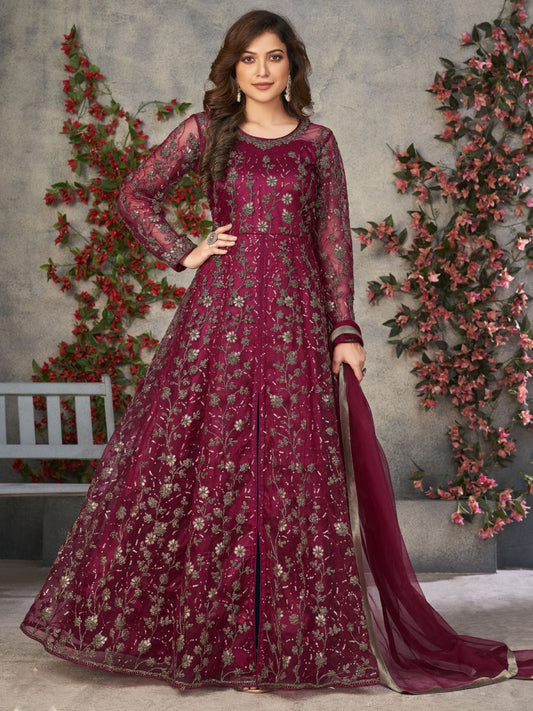 Maroon Net Festive Wear Anarkali Suit - Inddus.com