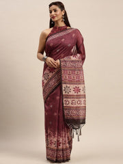 Maroon & Off-White Chanderi Cotton Blend Digital Floral Printed Saree - inddus-us