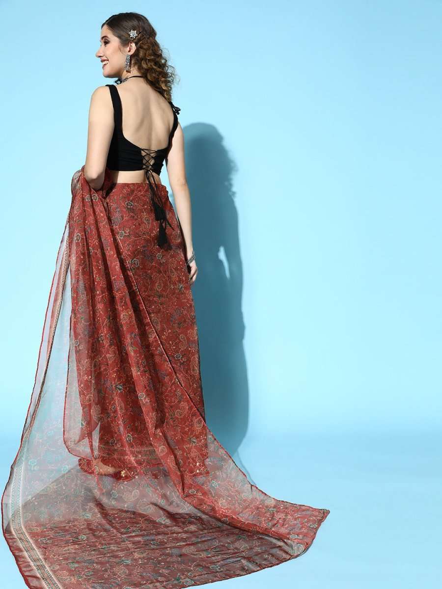 Maroon Organza Floral Printed Saree with Blouse Piece - Inddus.com