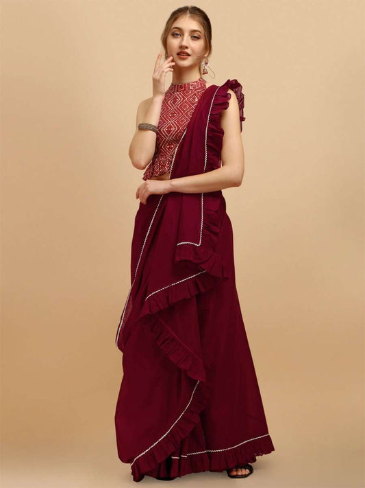 Maroon Ruffled Saree - Inddus.com