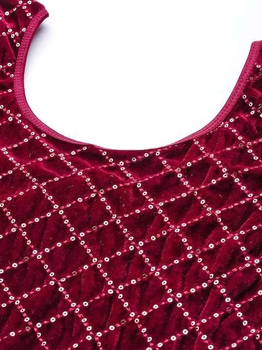 Maroon Sequined Velvet Stretchable Saree Blouse - Inddus.com