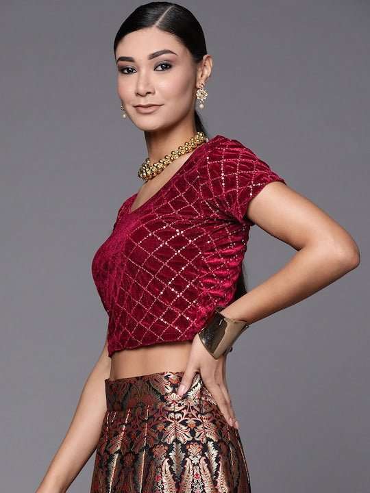 Maroon Sequined Velvet Stretchable Saree Blouse - Inddus.com