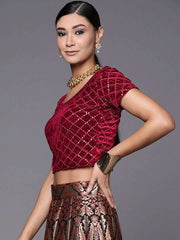 Maroon Sequined Velvet Stretchable Saree Blouse - Inddus.com