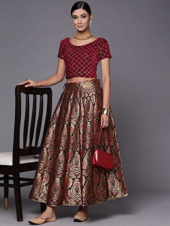 Maroon Sequined Velvet Stretchable Saree Blouse - Inddus.com