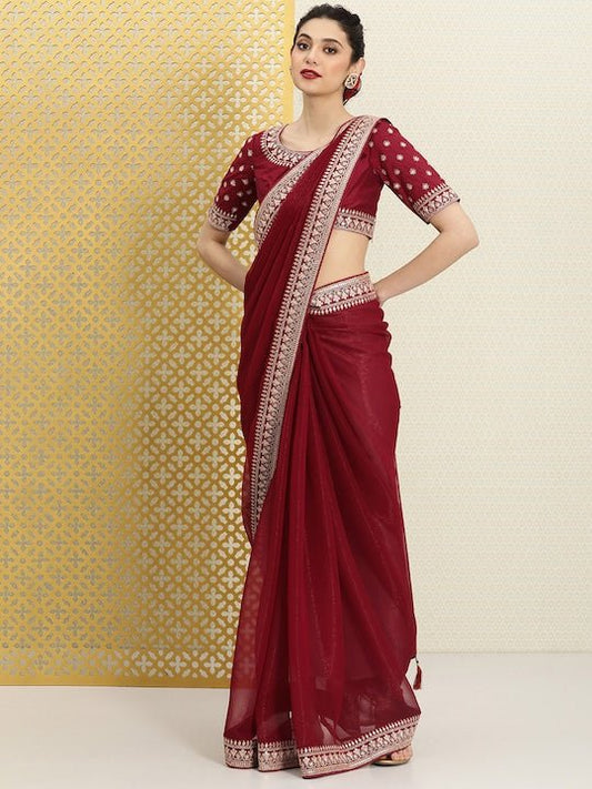 Maroon Sequinned Silk Blend Saree