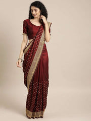 Maroon Silk Blend Embroidered Saree - inddus-us