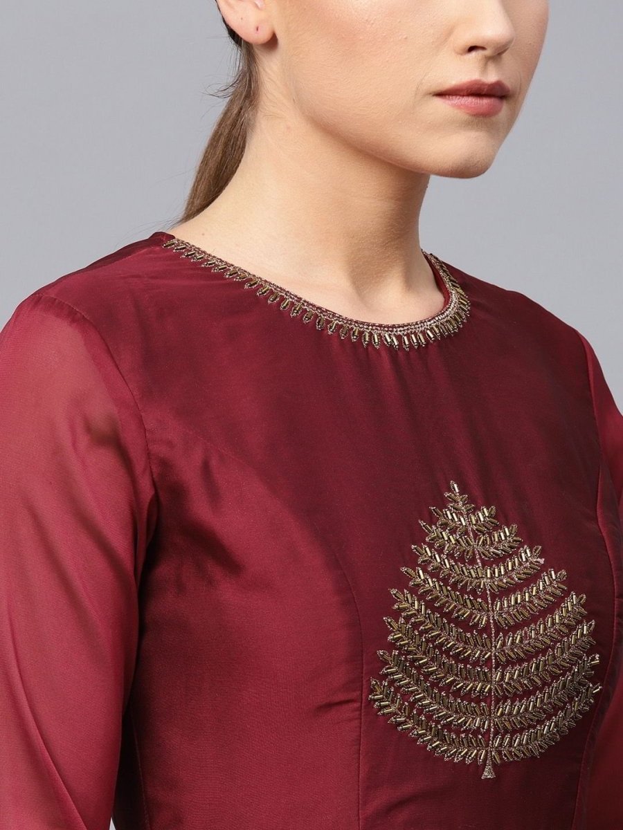 Maroon Silk Georgette Designer Gown - inddus-us