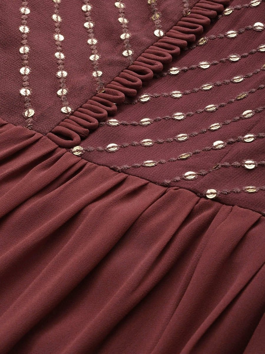 Maroon Solid Fit and Flare Dress With Embellishment - inddus-us