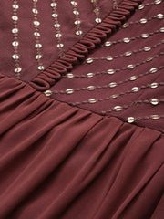 Maroon Solid Fit and Flare Dress With Embellishment - inddus-us