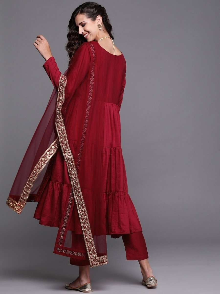 Maroon Solid Kurta with Trouser and Dupatta - Inddus.com