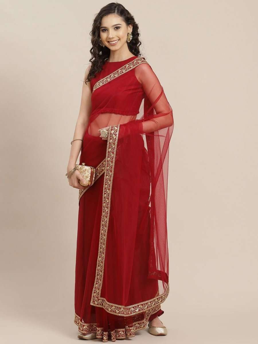 Maroon Solid Net Saree - inddus-us