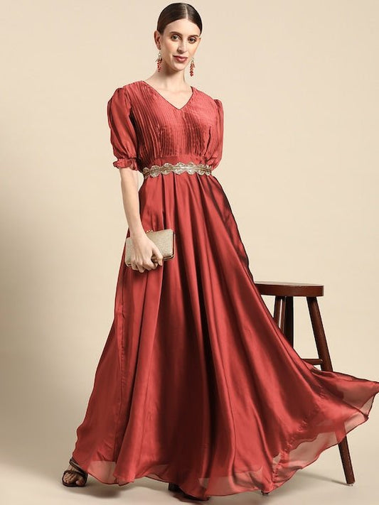 Maroon Solid Pleated Ethnic Maxi Gown Comes With a Belt - Inddus.com