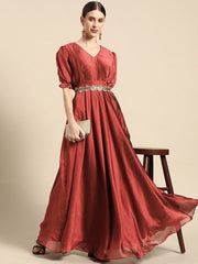 Maroon Solid Pleated Ethnic Maxi Gown Comes With a Belt - Inddus.com