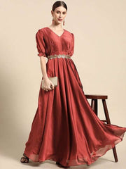Maroon Solid Pleated Ethnic Maxi Gown Comes With a Belt - Inddus.com