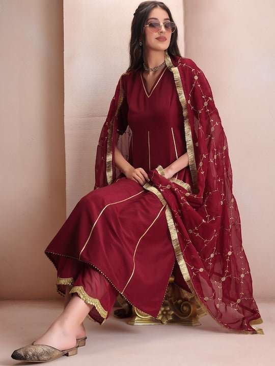 Maroon V-Neck Regular Kurta & Palazzos With Dupatta - Inddus.com