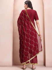 Maroon V-Neck Regular Kurta & Palazzos With Dupatta - Inddus.com