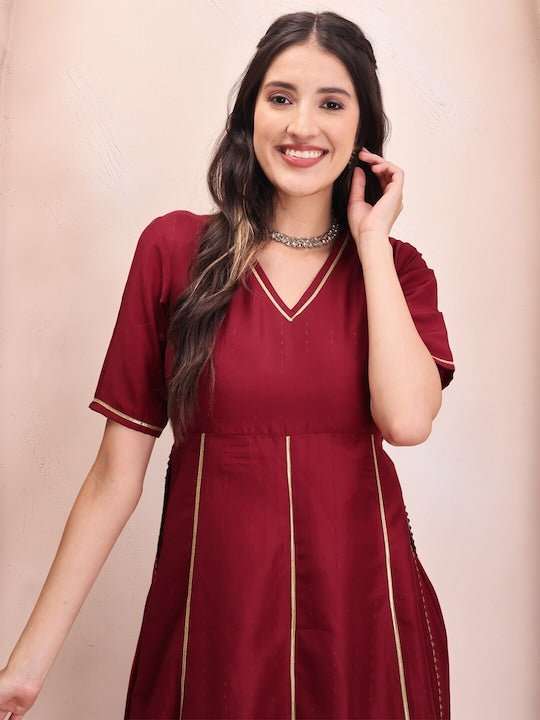 Maroon V-Neck Regular Kurta & Palazzos With Dupatta - Inddus.com