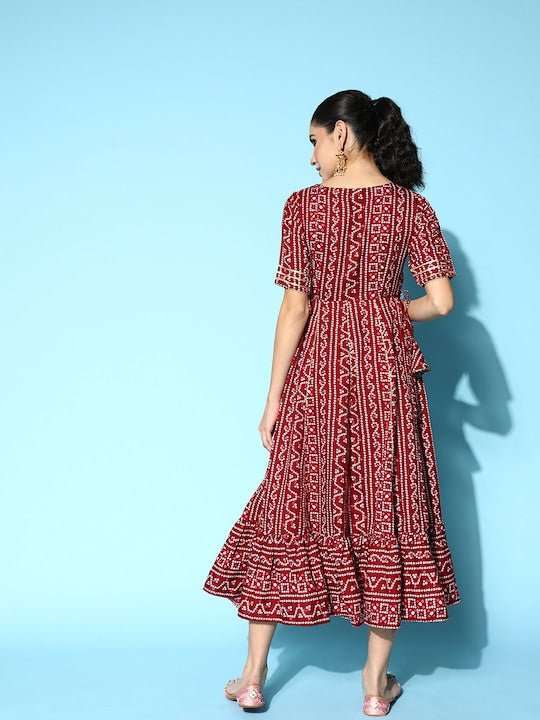 Maroon & White Boat Neck Bandhani Print Ethnic Midi Dress - Inddus.com