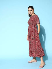 Maroon & White Boat Neck Bandhani Print Ethnic Midi Dress - Inddus.com