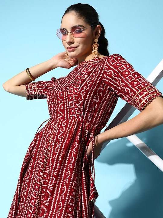 Maroon & White Boat Neck Bandhani Print Ethnic Midi Dress - Inddus.com