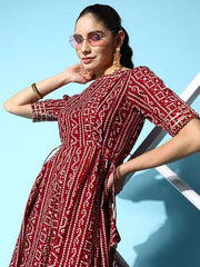 Maroon & White Boat Neck Bandhani Print Ethnic Midi Dress - Inddus.com