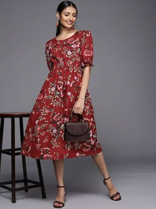 Maroon & White Floral Print Fit and Flare Midi Dress - Inddus.com