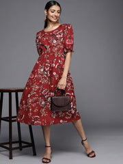 Maroon & White Floral Print Fit and Flare Midi Dress - Inddus.com