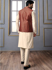 Maroon Woven Design Nehru Jacket - Inddus.com