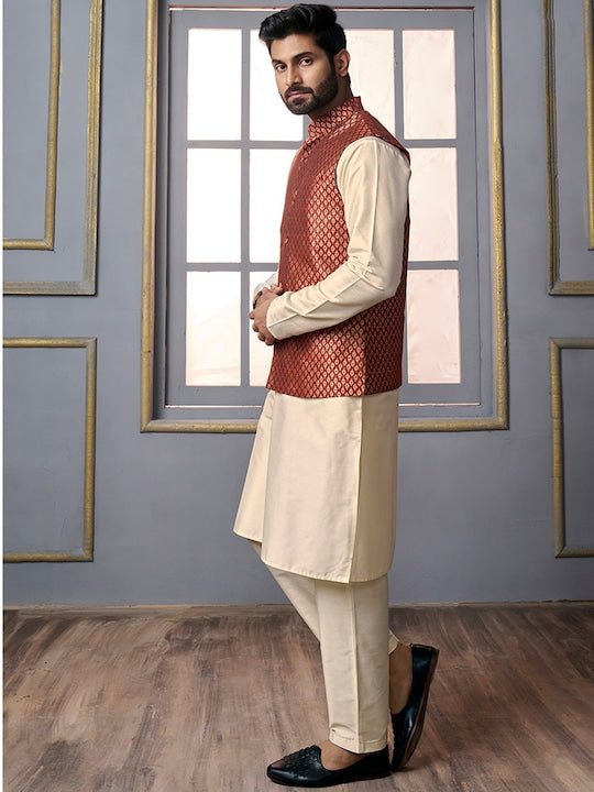 Maroon Woven Design Nehru Jacket - Inddus.com