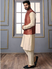 Maroon Woven Design Nehru Jacket - Inddus.com