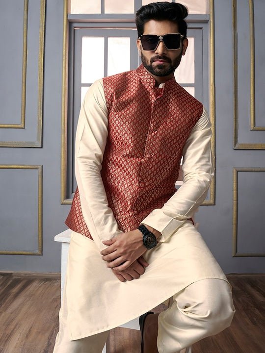 Maroon Woven Design Nehru Jacket - Inddus.com
