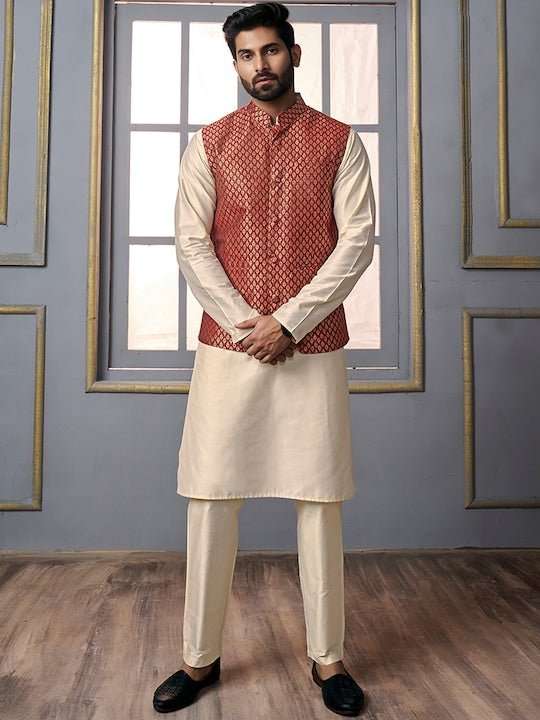 Maroon Woven Design Nehru Jacket - Inddus.com