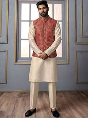 Maroon Woven Design Nehru Jacket - Inddus.com