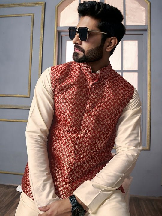 Maroon Woven Design Nehru Jacket - Inddus.com