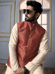 Maroon Woven Design Nehru Jacket - Inddus.com
