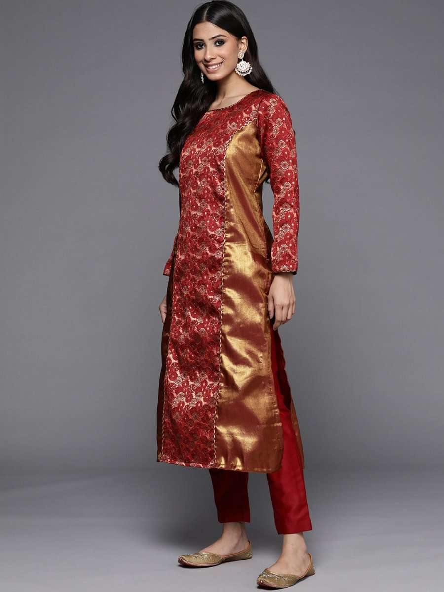 Maroon Woven Design Unstitched Dress Material - Inddus.com