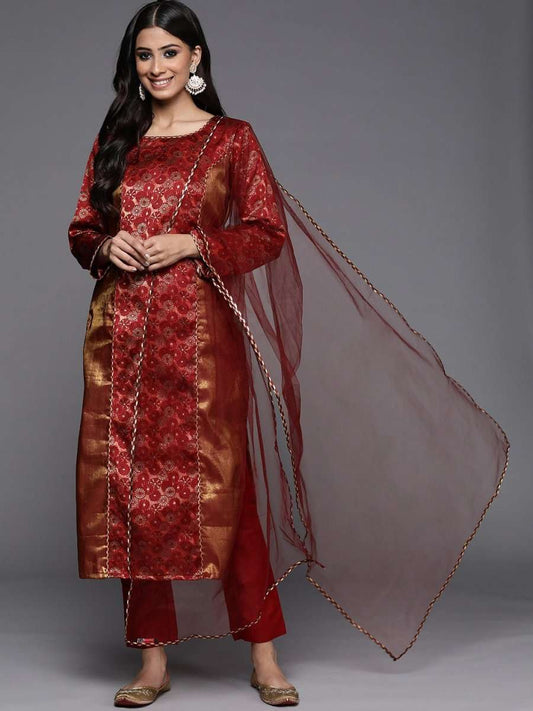 Maroon Woven Design Unstitched Dress Material - Inddus.com