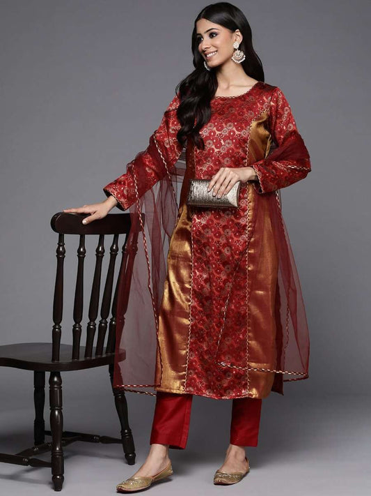 Maroon Woven Design Unstitched Dress Material - Inddus.com