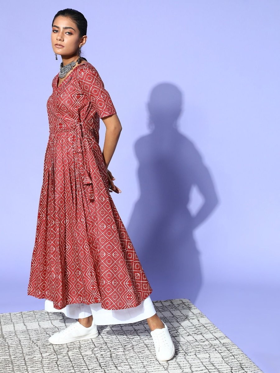 Marron Ethnic Printed Angrakha Kurta - Inddus.com