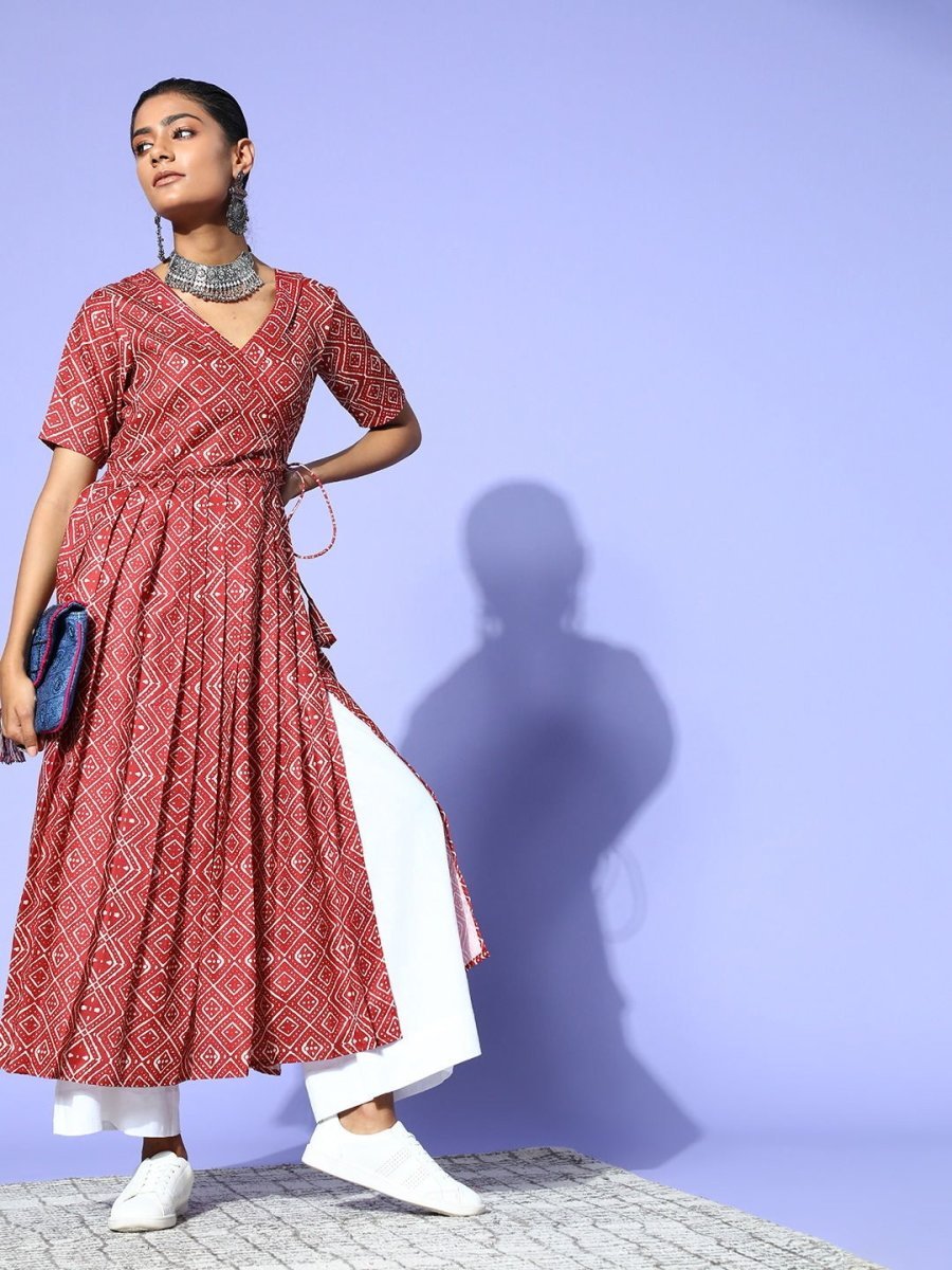 Marron Ethnic Printed Angrakha Kurta - Inddus.com