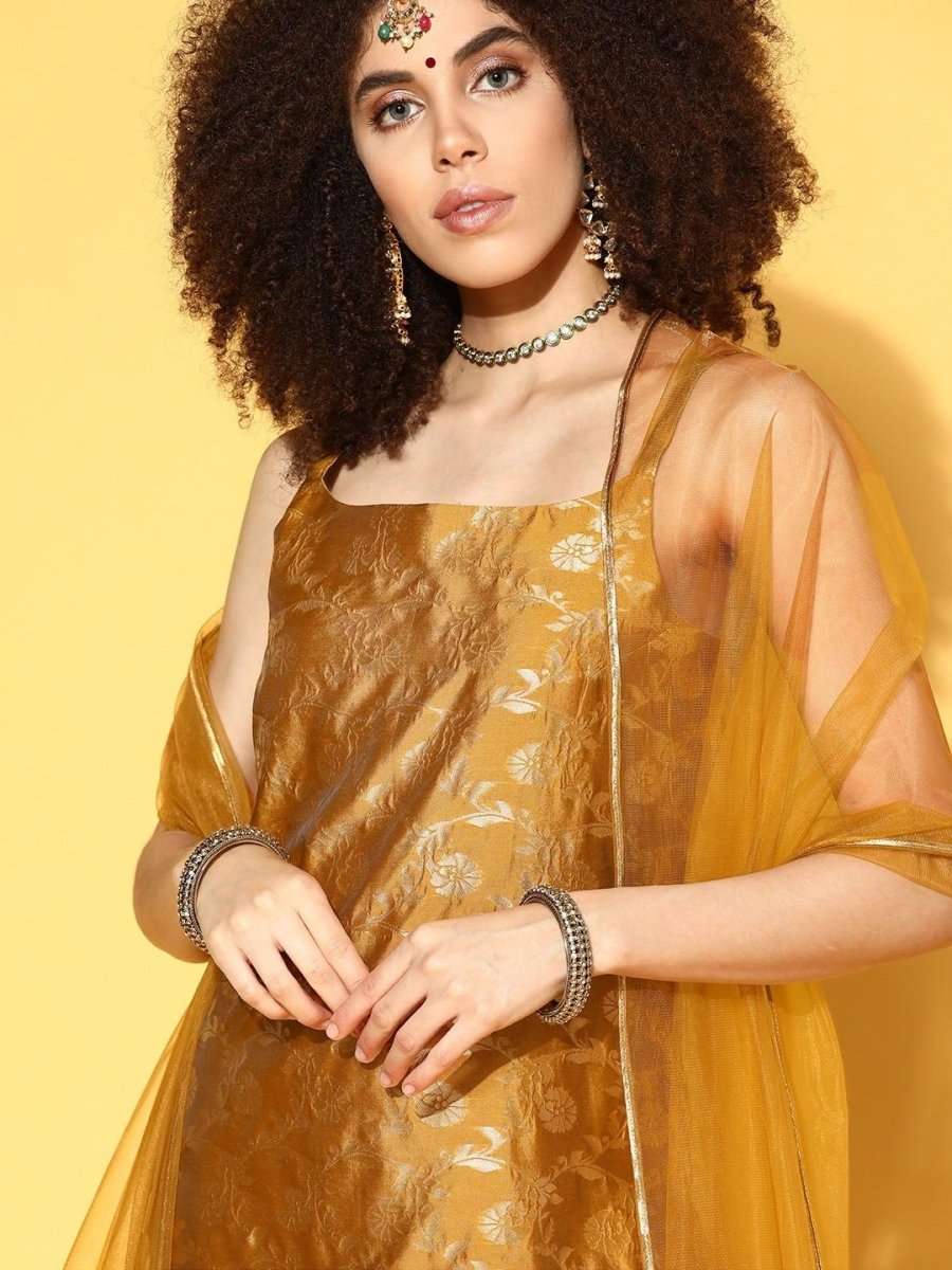 marvellous mustard silk blend woven design kurta set